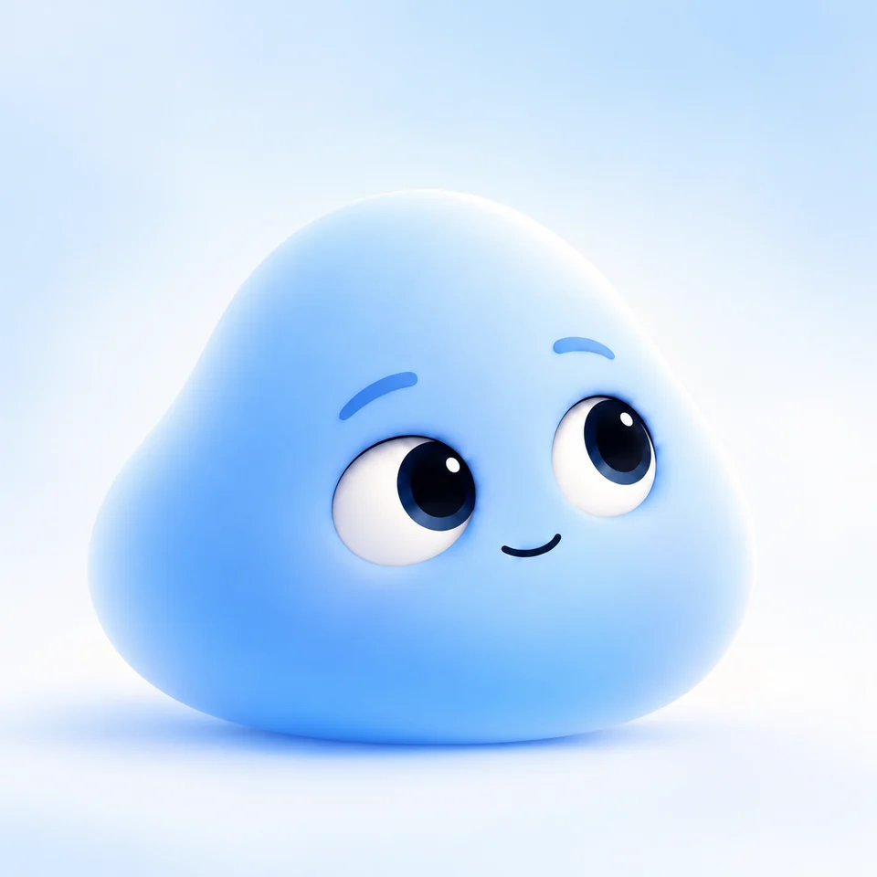 The Zupeka companion: a soft blue character with big navy eyes and a small smile